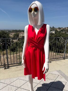 Red Sleeveless V-Neck Wrap Midi Dress